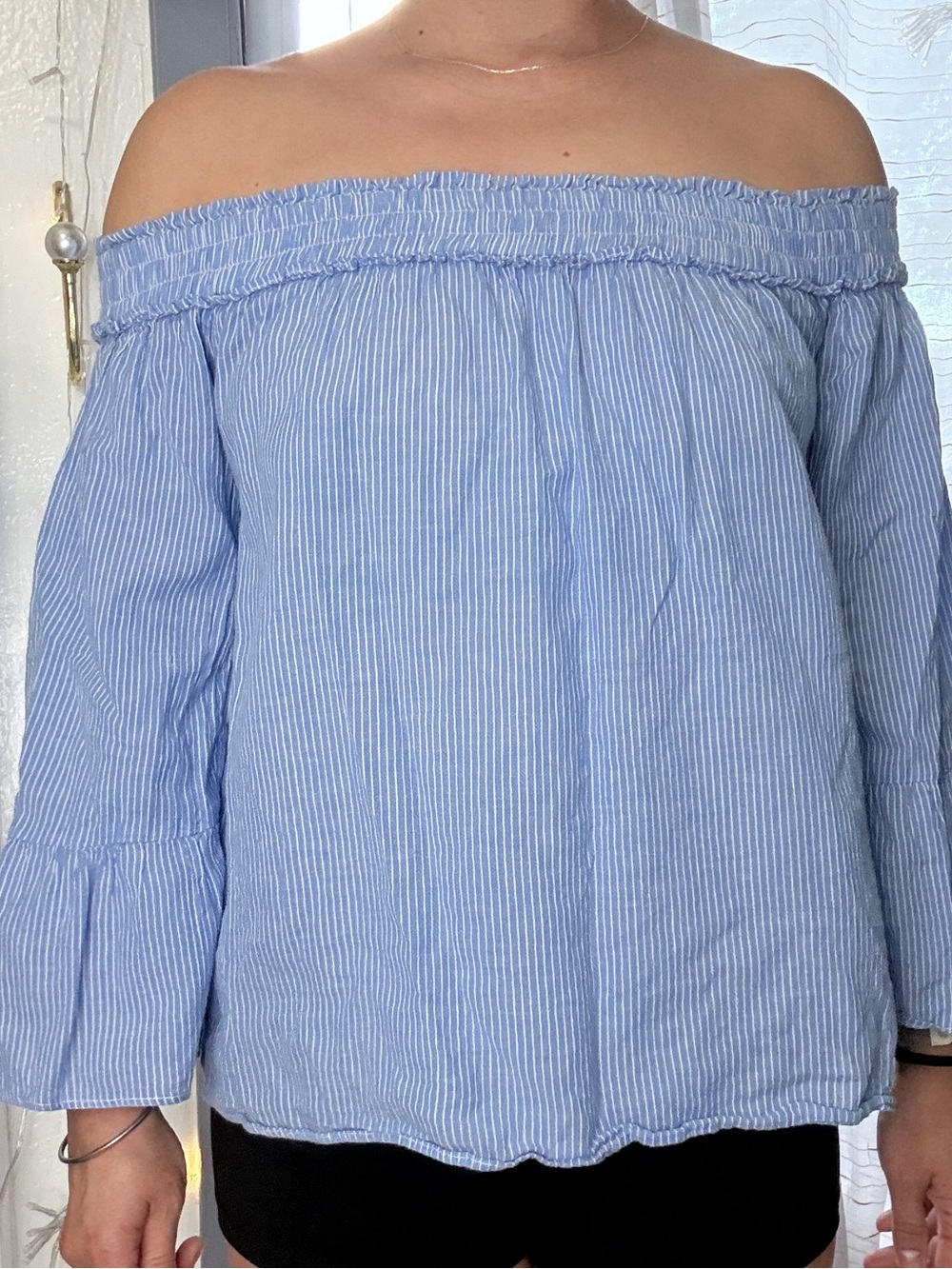 Lilly Pulitzer Cotton Off-Shoulder Light Blue Striped Top Medium